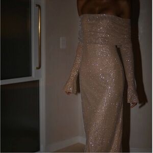Meshki Off Shoulder Diamente Maxi Dress Nude